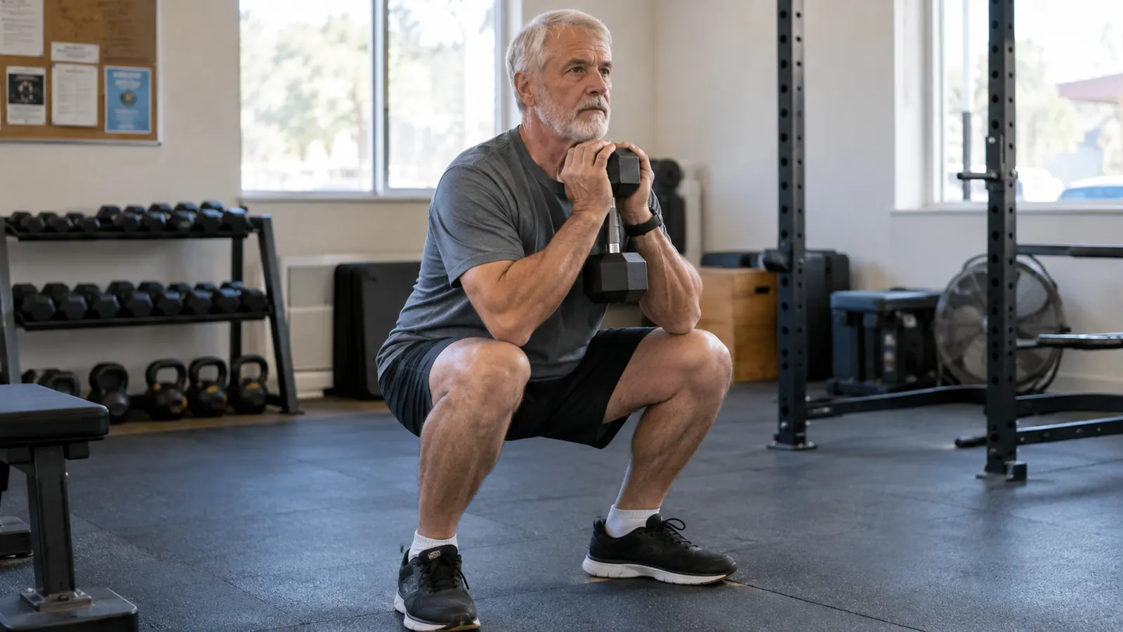 A man in his sixties doing a goblet squat with a dumbbell in a community rec center gym