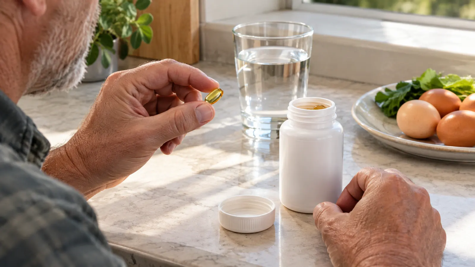 A hand holding a small softgel capsule over a kitchen counter next to a glass of water and a plate of eggs