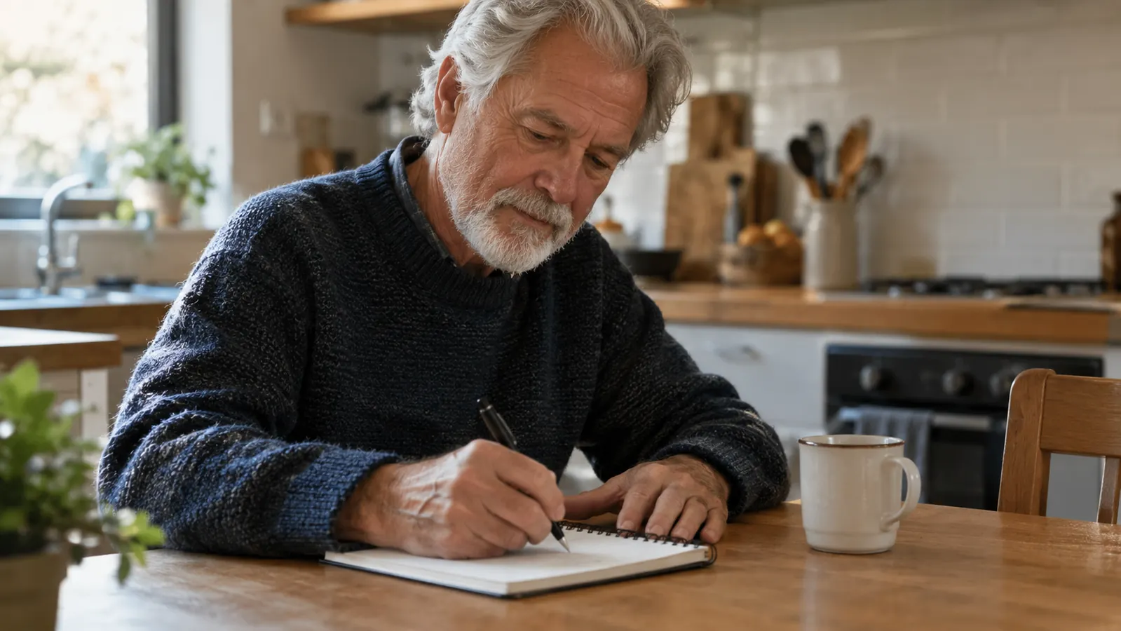 An older man in his sixties writing in a spiral notebook at a kitchen table, a coffee mug beside him