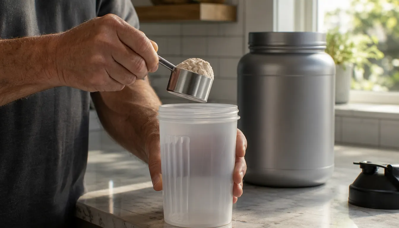 Hands measuring a scoop of protein powder into a shaker bottle on a kitchen counter
