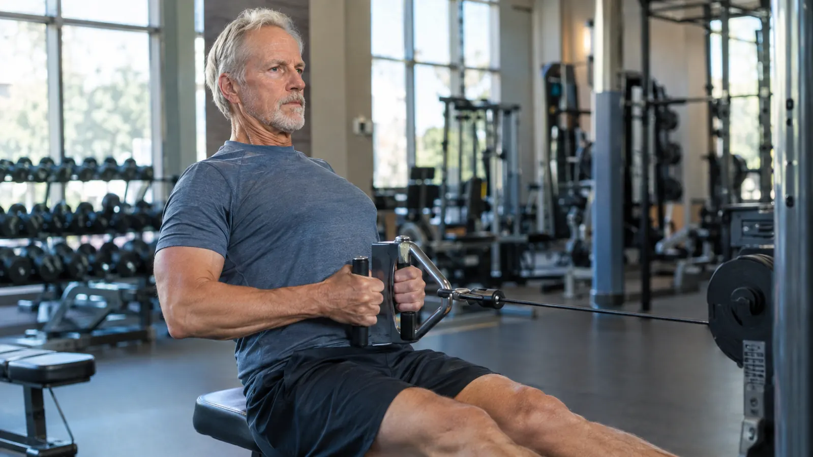 An older man doing seated rows on a cable machine at a community rec center gym